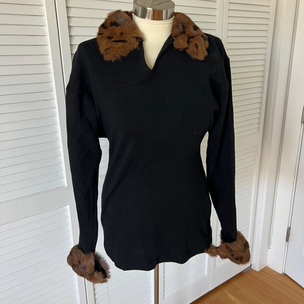 Vintage black wool sweater with rabbit fur printed collar and cuffs